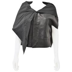 Rick Owens Black Crinkle Effect Leather Cropped Top with Attached Shawl