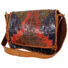 Retro 1970's Char Embossed Whipstitched Colorful Leather Bohemian Shoulder Bag Purse