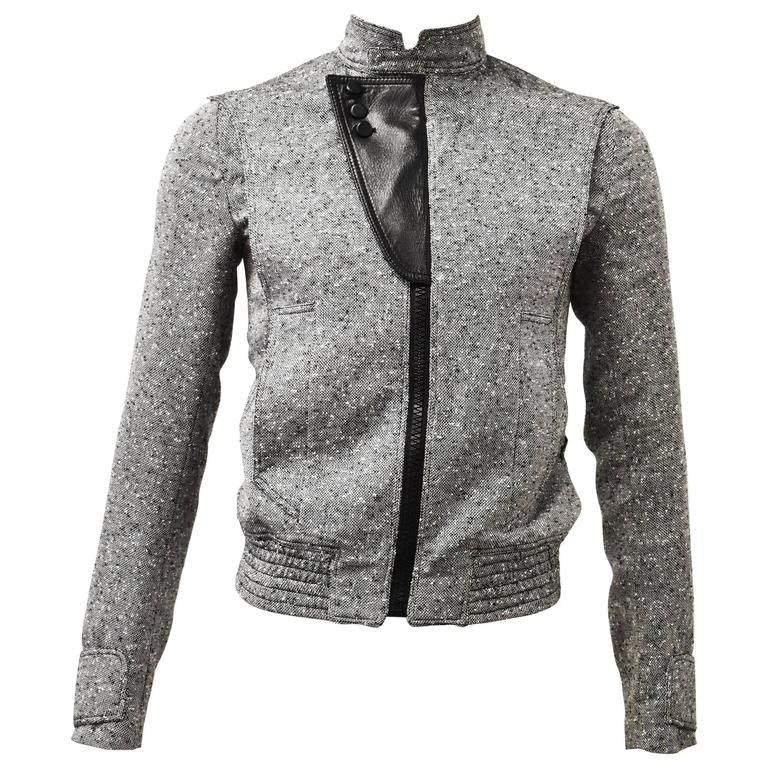 Dior Hedi Slimane Grey Cropped Wool and Silk Jacket with Leather Panel ...