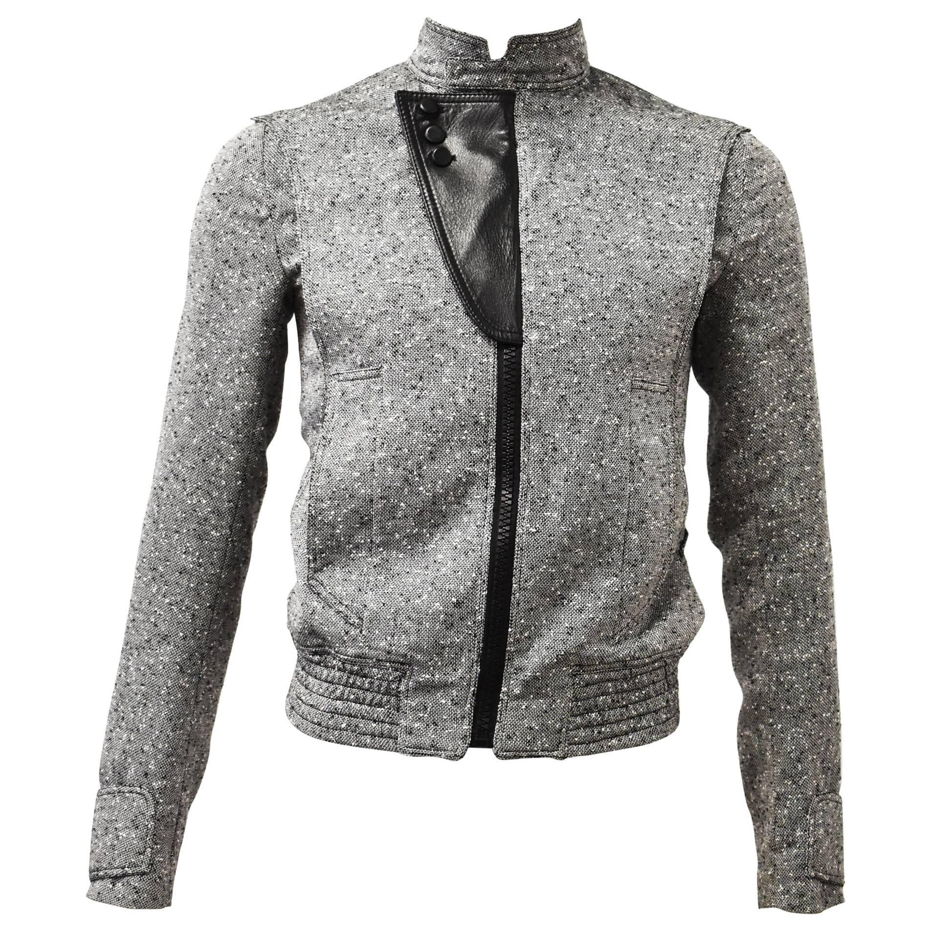 Dior Hedi Slimane Grey Cropped Wool and Silk Jacket with Leather Panel Details For Sale