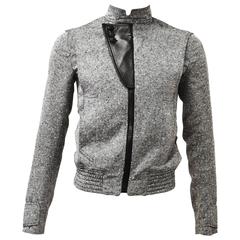 Dior Hedi Slimane Grey Cropped Wool and Silk Jacket with Leather Panel Details