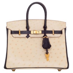 Hermès Birkin 25 Special Order Ostrich Bi-Color Parchemin Bleu Marine Brushed Go