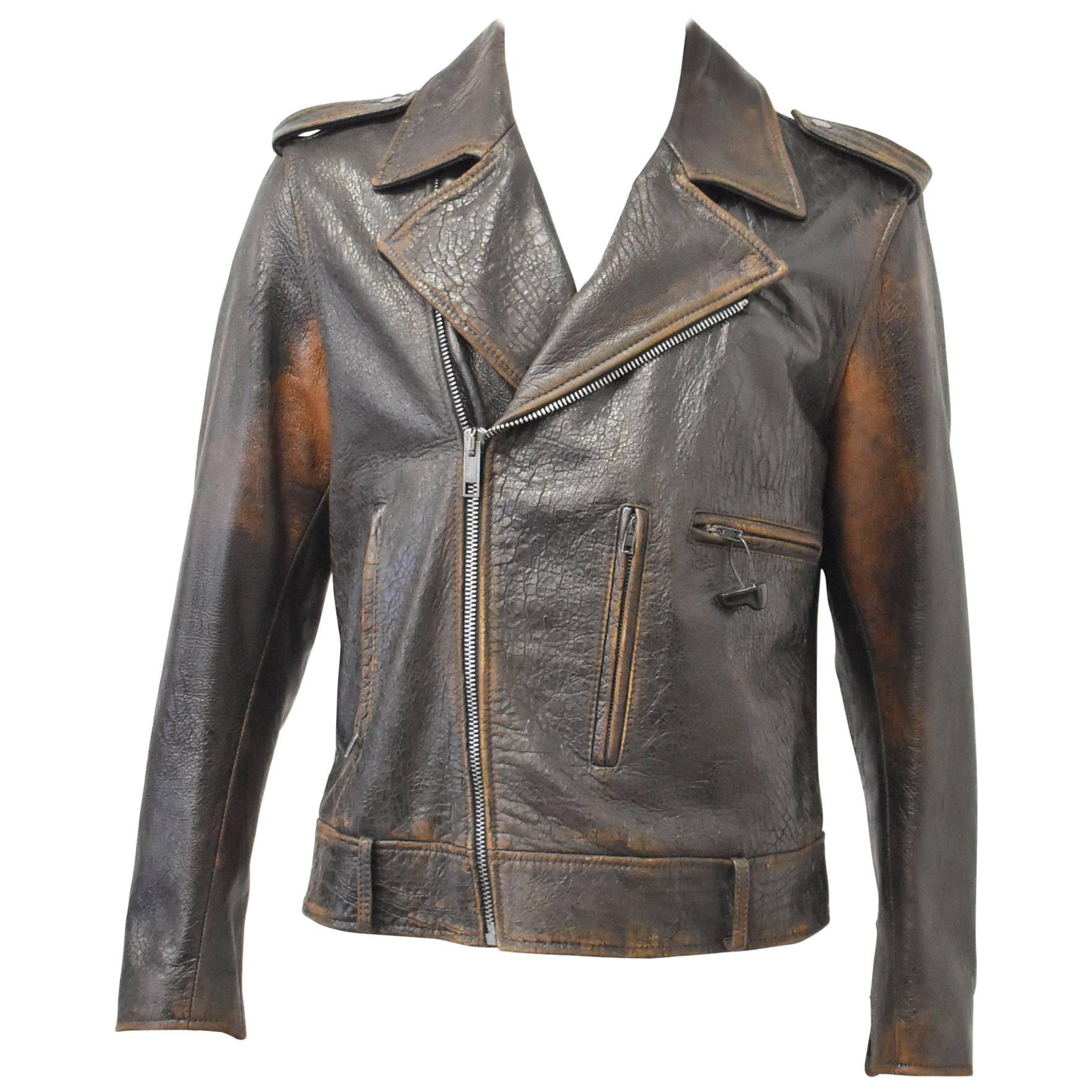 Maison Martin Margiela Dark Brown Leather Biker Jacket Faux Croc Effect