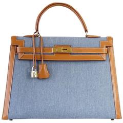 HERMES Kelly 35 Bag Vintage Denim and Barenia Gold Hardware Superb