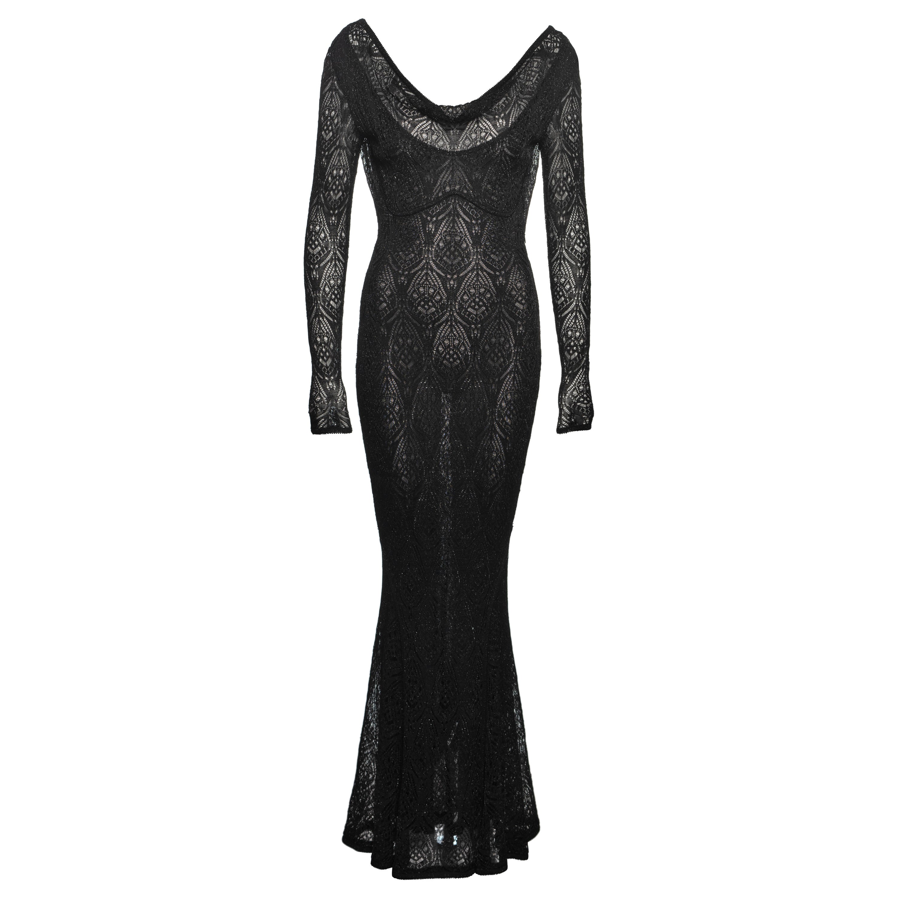 John Galliano Black Knit Lace Evening Dress with Draped Low Back, FW 1999 For Sale