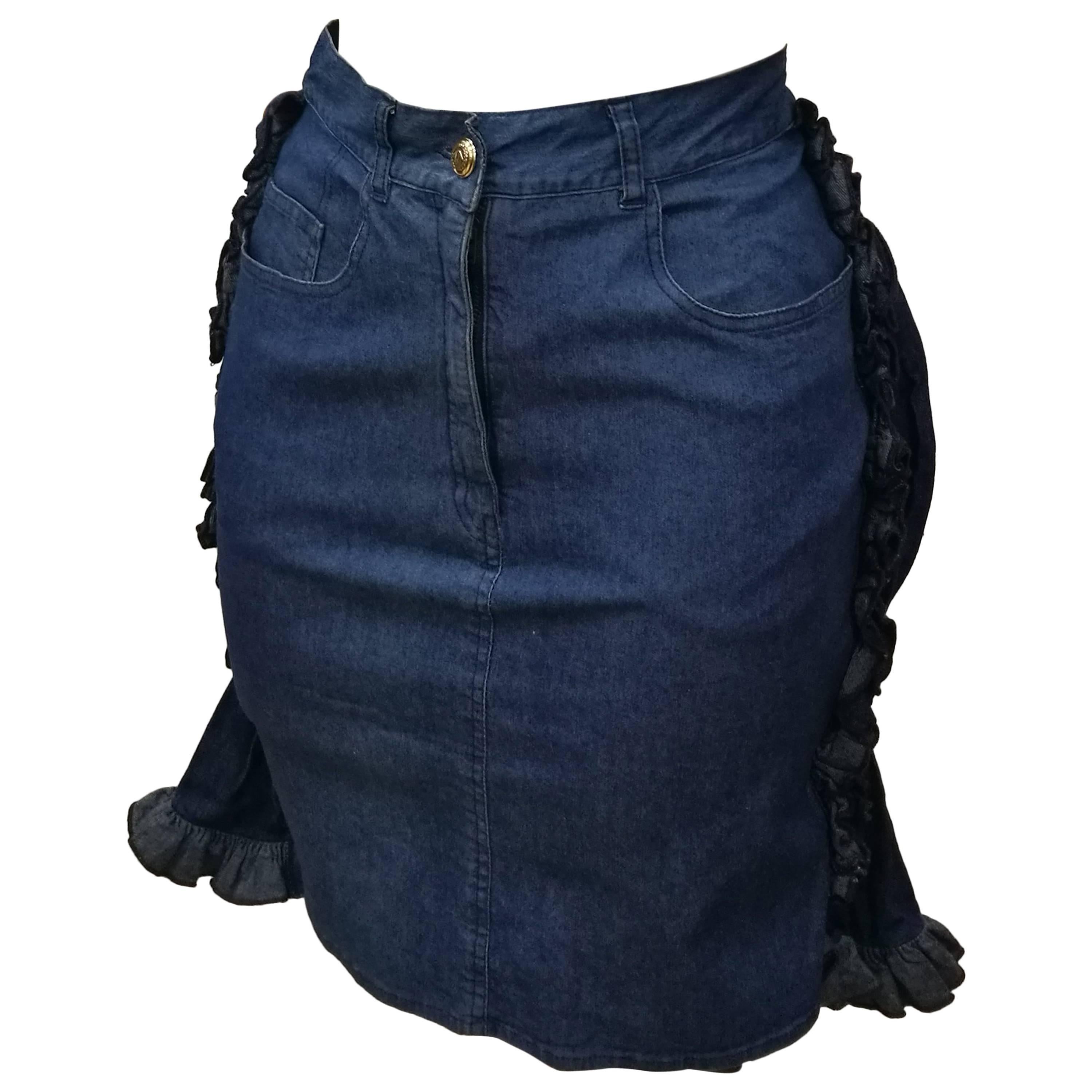 1990s Iconic Moschino Faux-Cul denim Mini Skirt For Sale