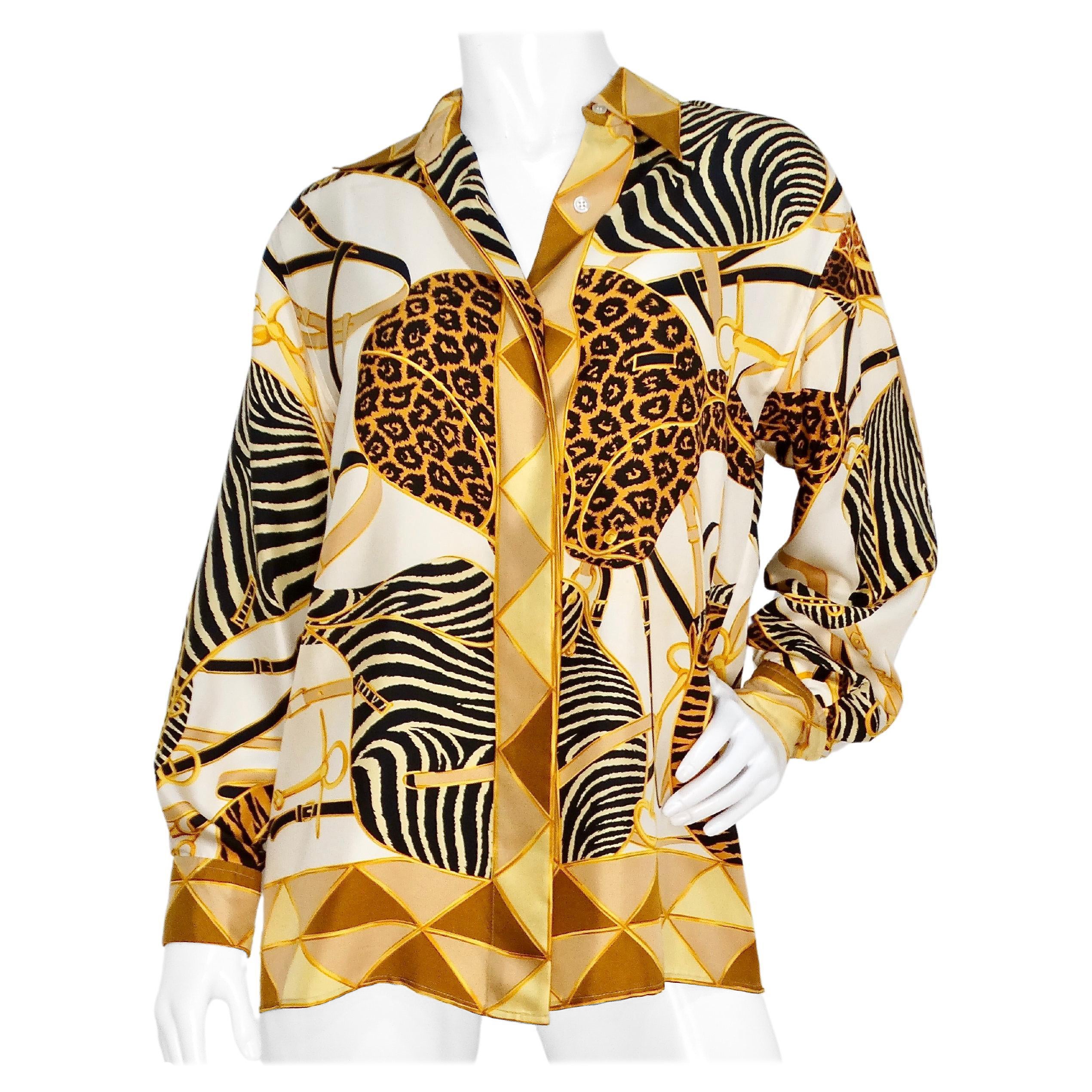 Tom Ford for Gucci 1993 Runway Animal Print Silk Collared Button Down Blouse For Sale