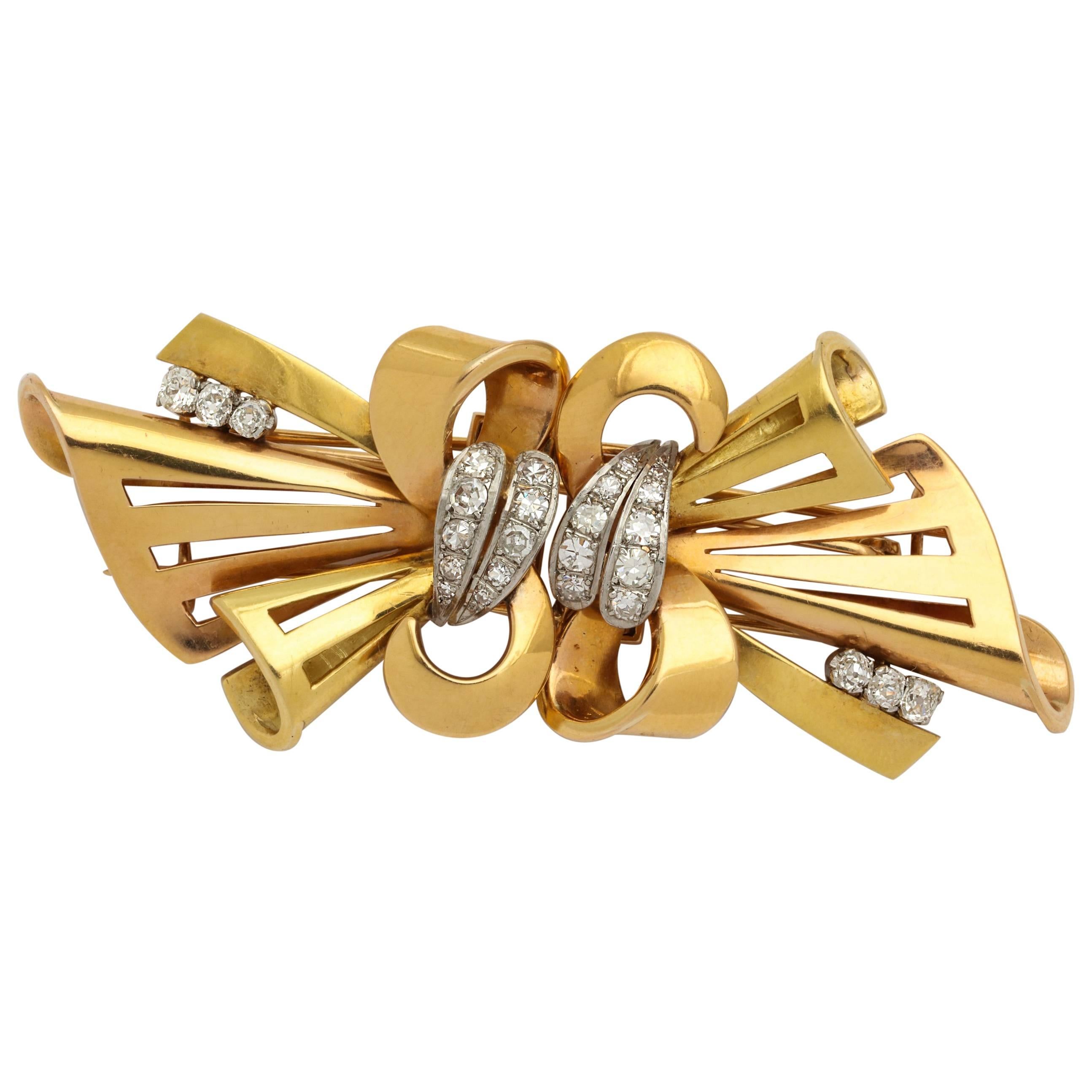 Gold Bow Brooch Double Clip With Diamonds