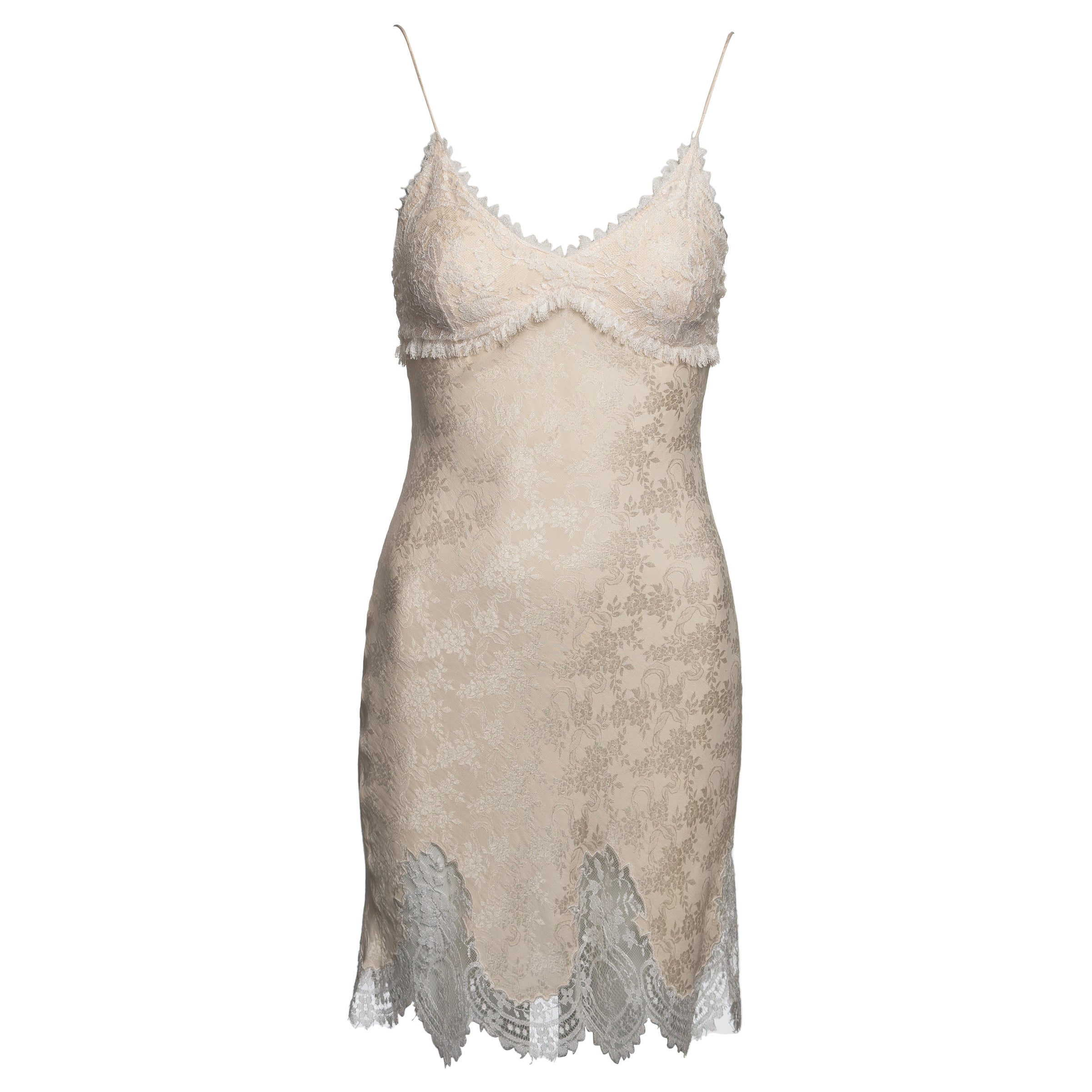 John Galliano Ivory Floral Silk Damask Mini Slip Dress with Lace Trim, SS 1998 For Sale