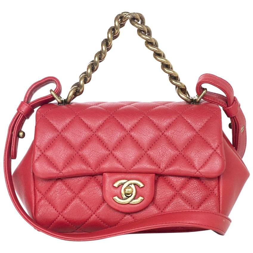 Chanel Red Quilted Leather Crossbody Flap Bag w/ Top Handle For Sale at