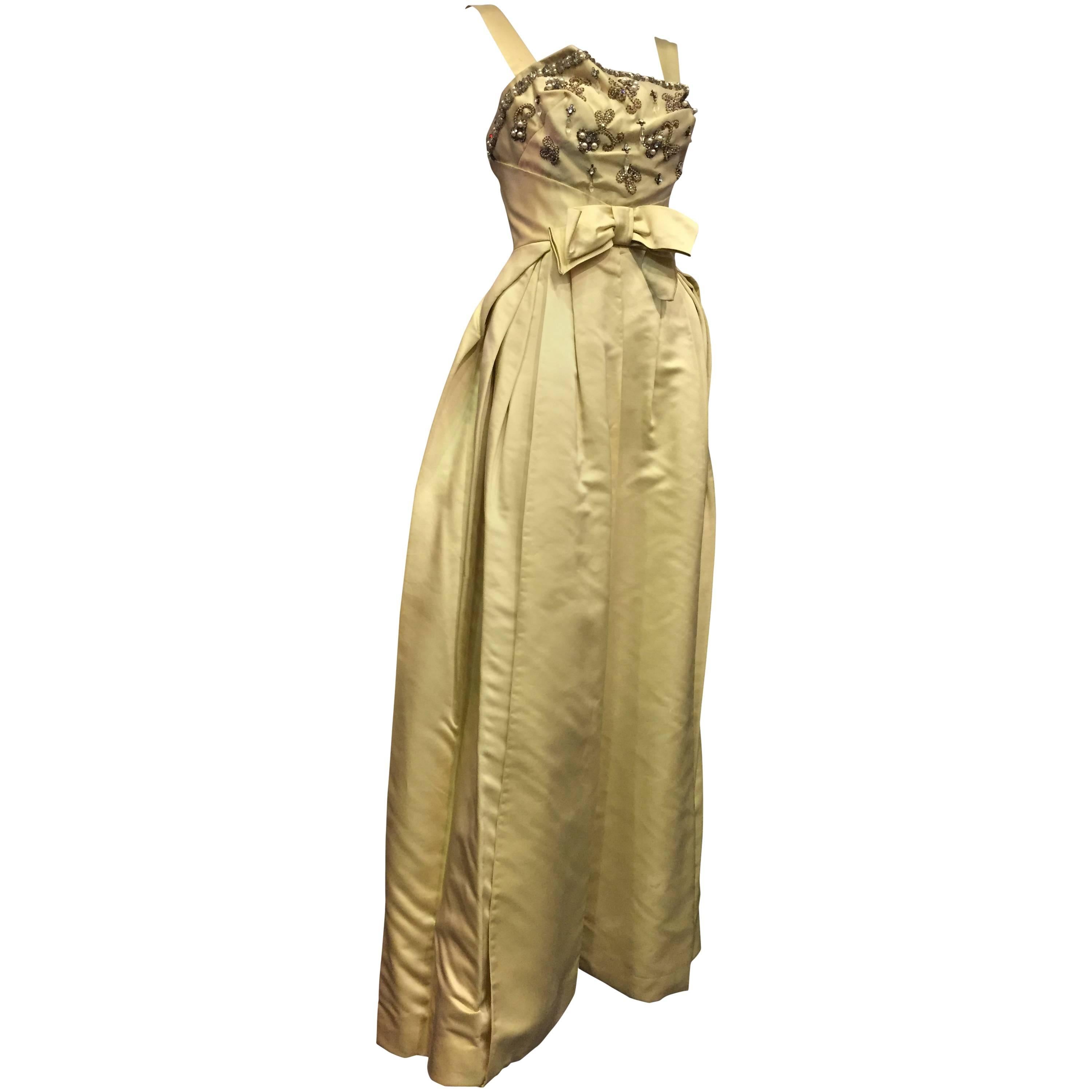Incredible 1950s Elizabeth Arden Celadon Satin Gown w Beaded Bodice