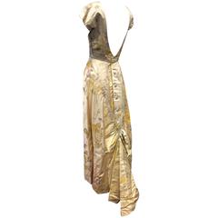 1950s James Galanos Golden Rose-Patterned Brocade Evening Gown w Train
