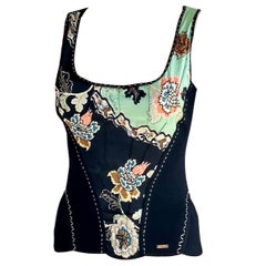 Roberto Cavalli S/S 2003 Chinoiserie Silk Knit Blouse Tank Top