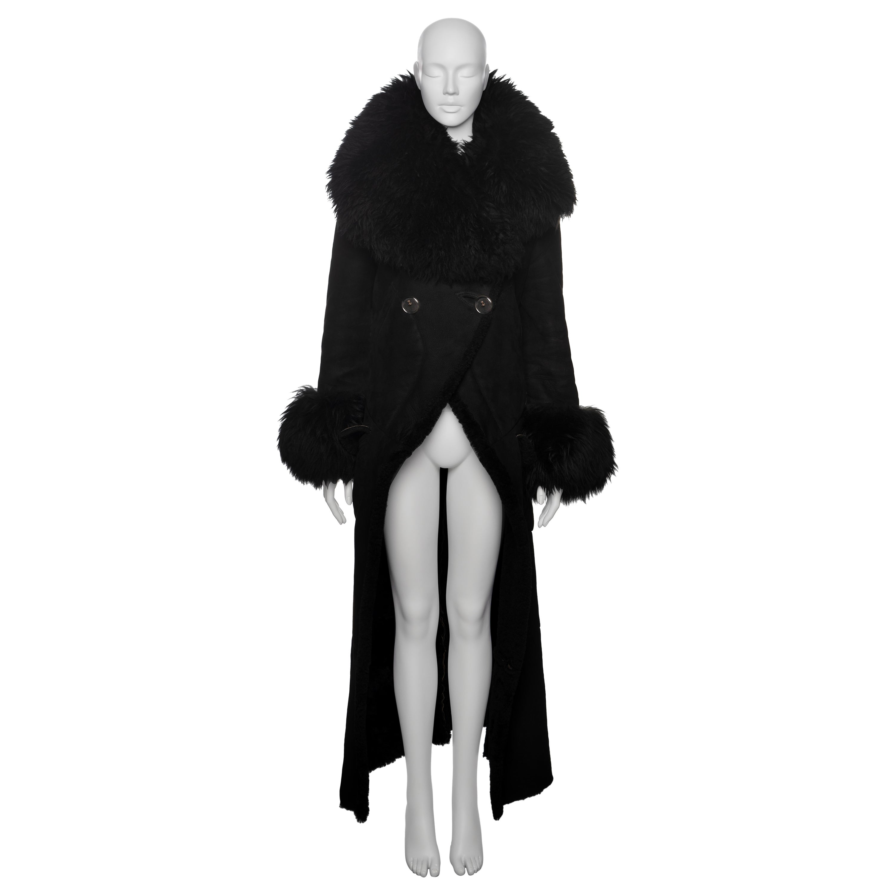 Vivienne Westwood Long Black Sheepskin Coat with Oversized Collar, FW 1992 For Sale