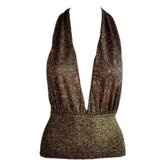 Gucci by Tom Ford c.2001 Plunging Halter Semi-Sheer Metallic Gold Knit Crop Top