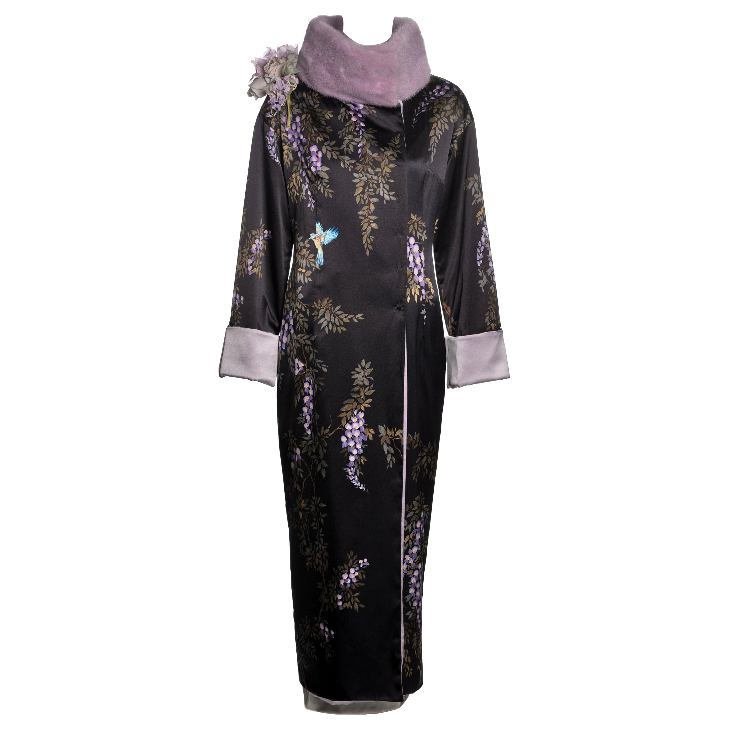 Dolce & Gabbana Hand-Painted Silk Coat with Lavender Mink Fur Trim, FW 1998 For Sale
