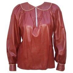 Vintage 1970's Geoffrey Beene Oxblood Leather Smock Top With Gold Stitching