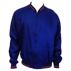Men's Sulka Linen Contrast Piped & Lined Bomber Jacket in Indigo and Red, 48"