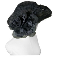 1950s Couture Replica of Paris Black Horsehair Braid Swirl Platter Hat w Flower