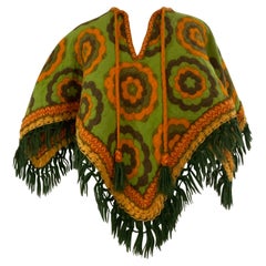 1960s Lime Orange & Yellow Wool Fringed Flower Power Micro Poncho w Ties