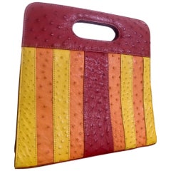 Genuine Ostrich Skin Striped Handbag in Burgundy Orange & Yellow w Top Handle