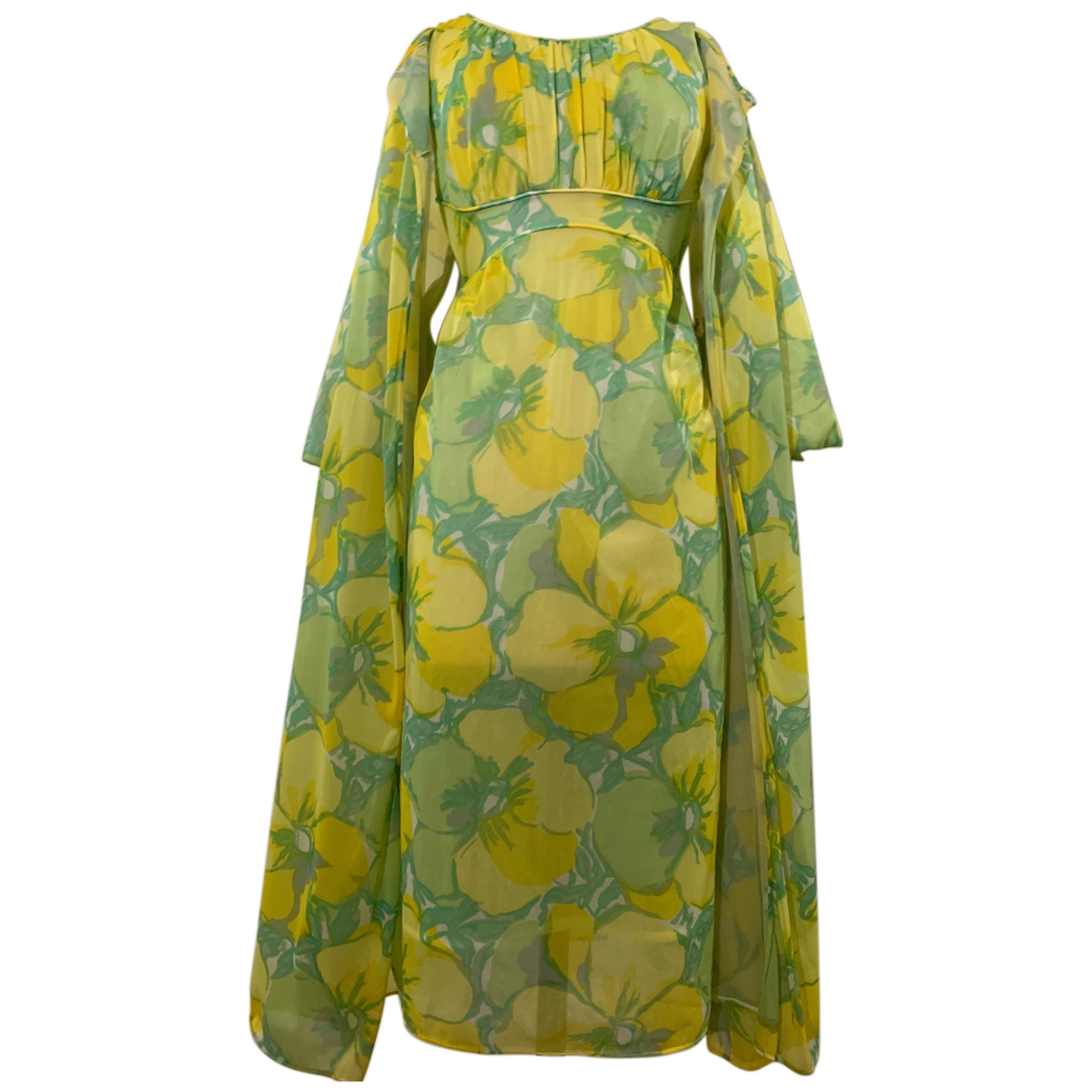 1960s Nylon Floral 2-Piece Nightgown & Robe Ensemble in Lime and Aqua For Sale