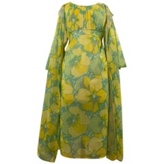 1960s Nylon Floral 2-Piece Nightgown & Robe Ensemble in Lime und Aqua