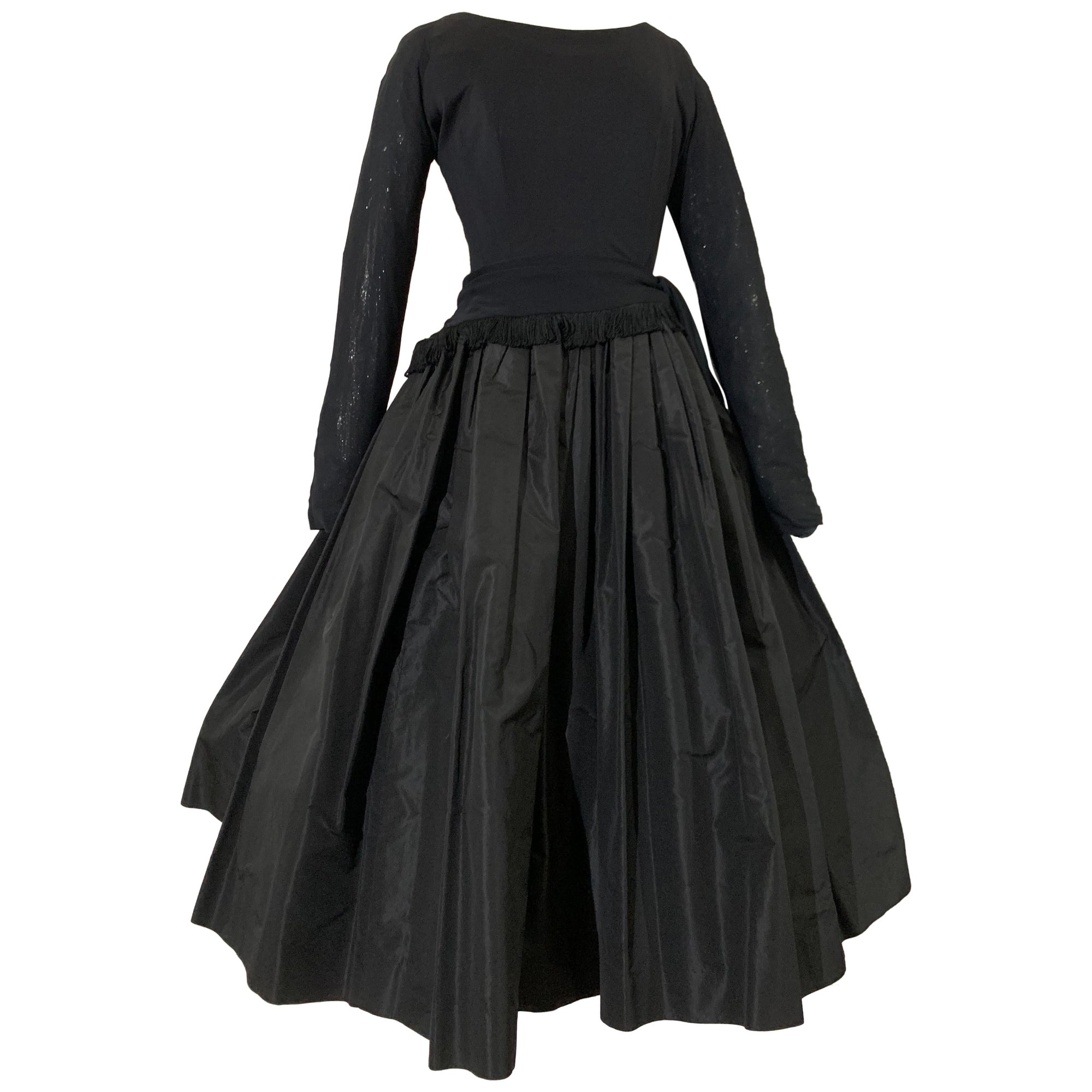 1950s Black Jersey & Taffeta Dress w Fringed Dropped-Waist Bodice & Circle Skirt For Sale