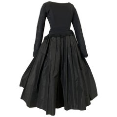 1950s Black Jersey & Taffeta Dress w Fringed Dropped-Waist Bodice & Circle Skirt