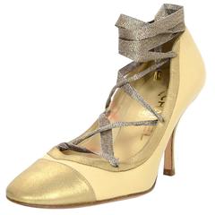 Chanel Tan And Gold Leather Lace-Up Pumps sz 36 10