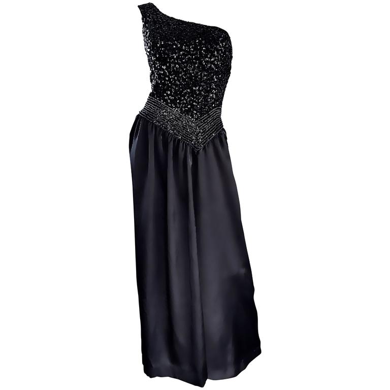 Amazing 1970s Vintage One Shoulder Black Sequin Silk 70s Evening Dress Gown For Sale at 1stdibs