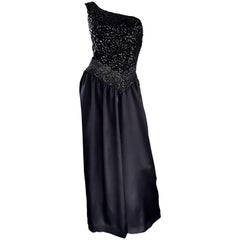 Amazing 1970s Vintage One Shoulder Black Sequin Silk 70s Evening Dress Gown 