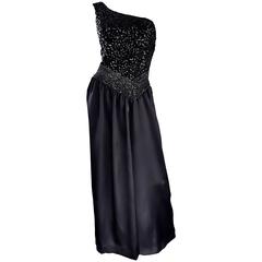 Amazing 1970s Vintage One Shoulder Black Sequin Silk 70s Evening Dress Gown 3