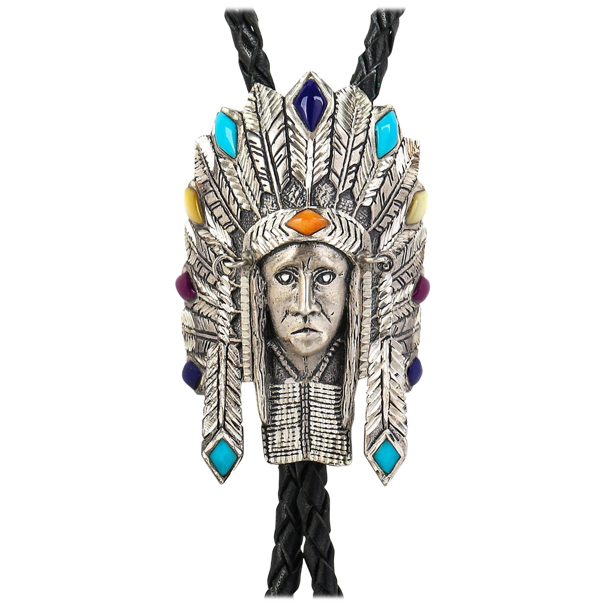 Sterling SILVER CLOUD Turquoise Native American Headdress Bolo Tie Necklace