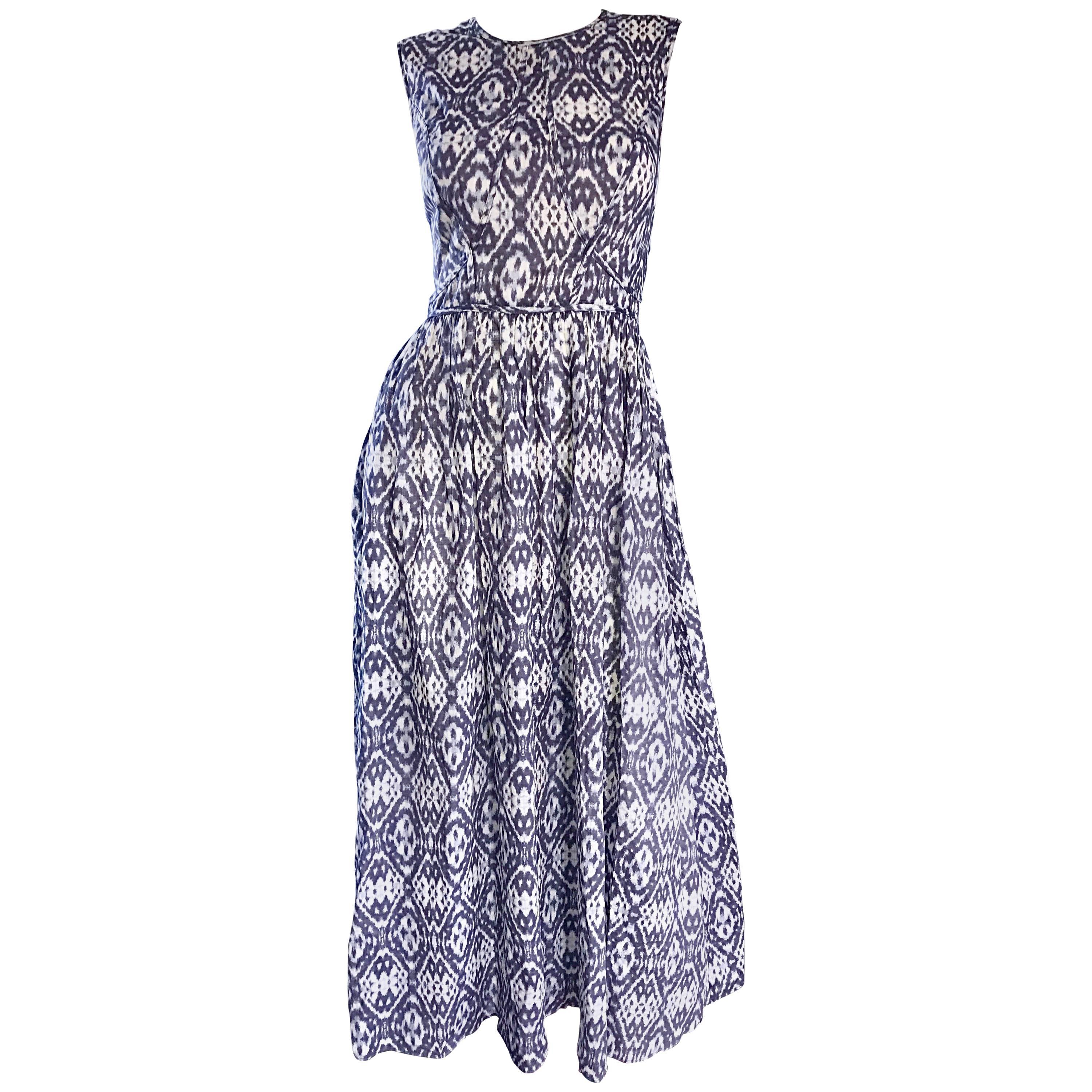 New Zimmermann Grey Lilac and White Ikat Print Chic Cotton Maxi Dress 