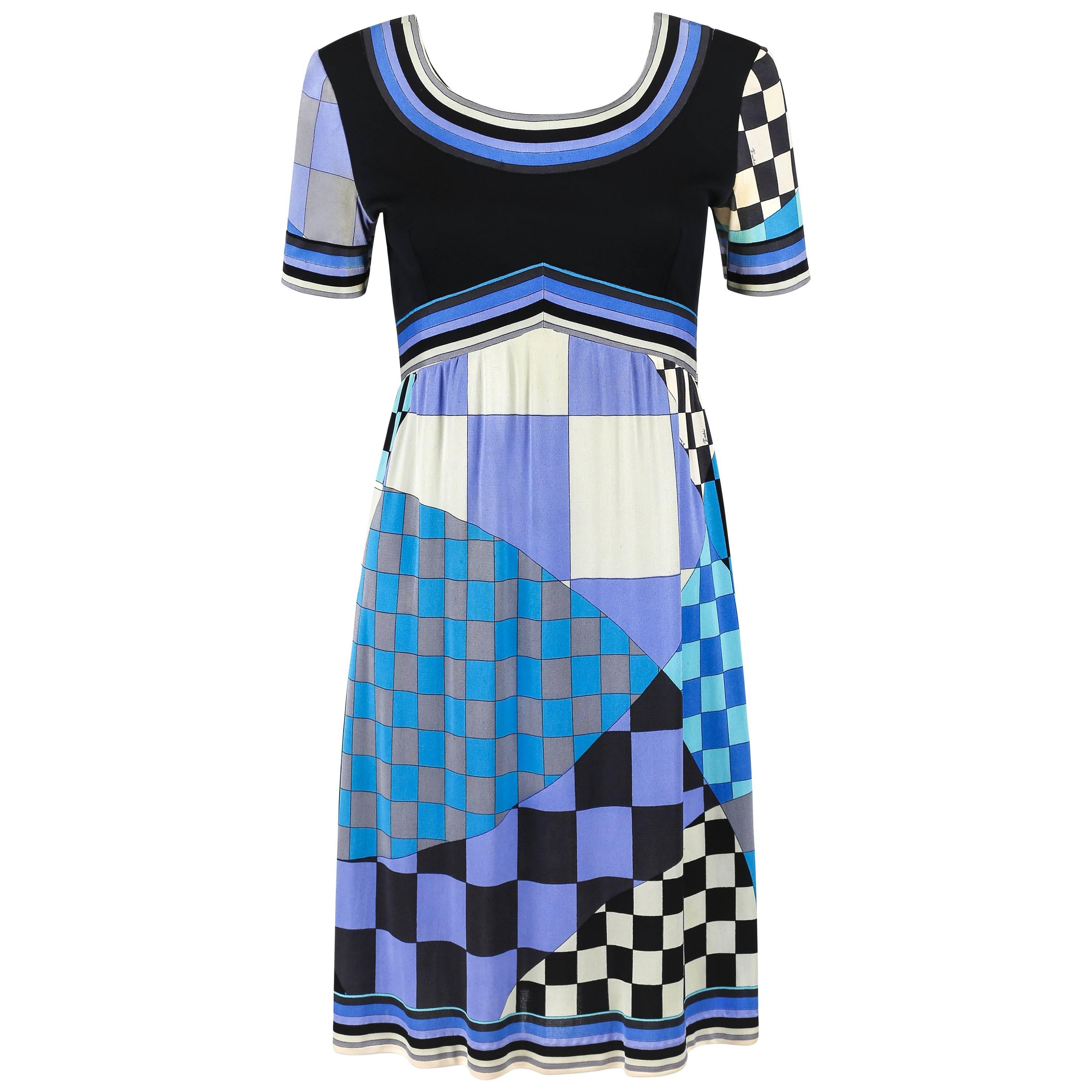 EMILIO PUCCI c.1960's Multicolor Checker Board Signature Print Silk Jersey Dress