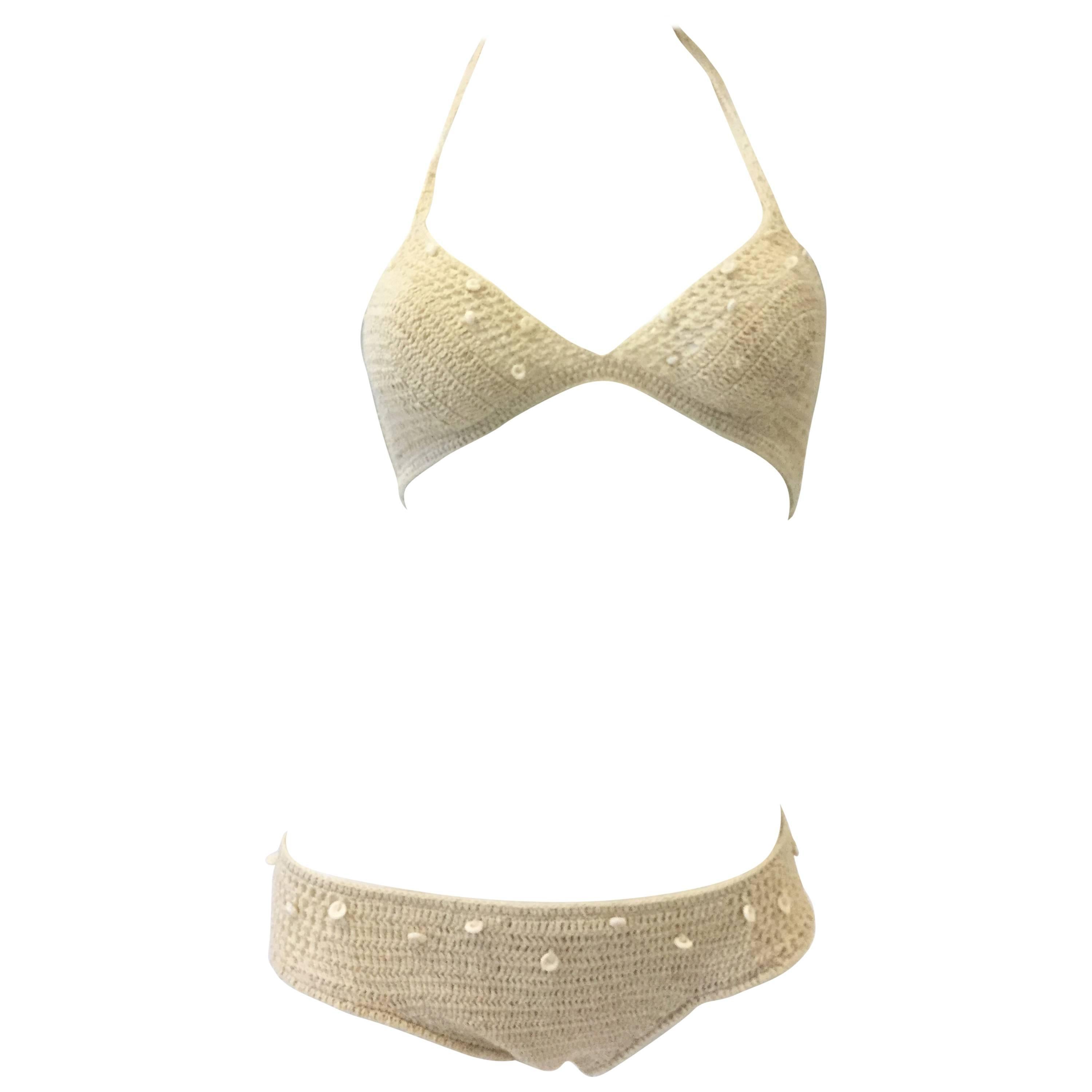 High Tide Swimwear Cotton Crochet and Shell Beaded Bikini, 1970s 