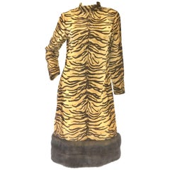 1970s French I. Magnin and Co. Tiger Stripe Print and Mink Trim Cocktail Dress 