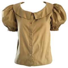 Rare 1970s Willi Smith Khaki Tan Cotton Puff Sleeve Avant Garde Vintage Blouse 12