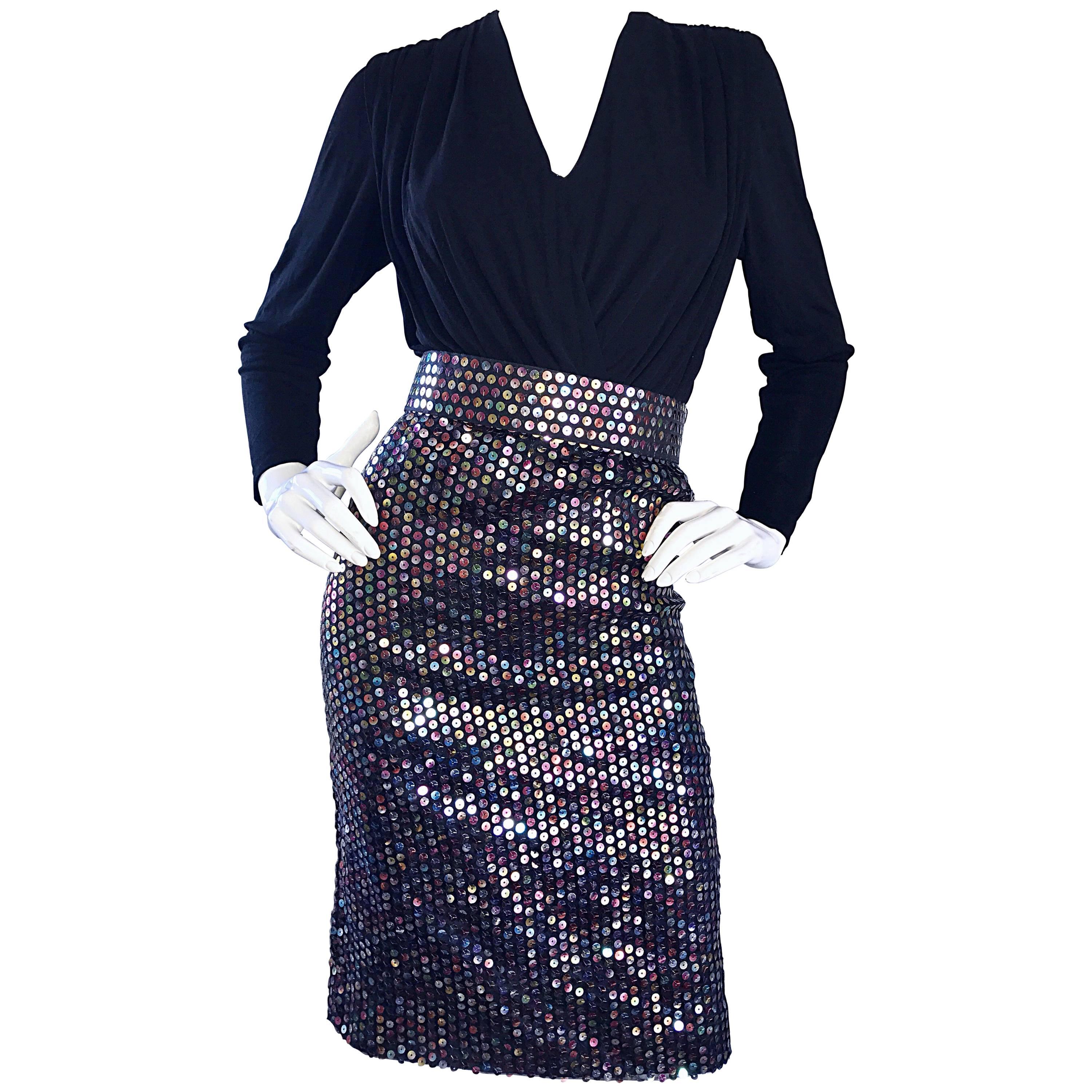 Vintage Louisa Nevins Black Jersey Colorful Sequin 1990s Bodycon Belted Dress  For Sale