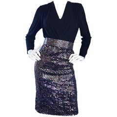 Vintage Louisa Nevins Black Jersey Colorful Sequin 1990s Bodycon Belted Dress 