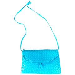 Vintage 1970s Bonwit Teller Turquoise Blue Woven 70s Leather Italian Made Shoulder Bag 