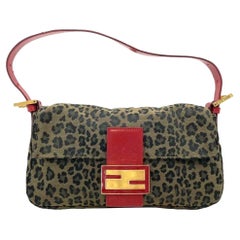 Fendi Baguette Denim Estampado Leopardo con Piel Rojo Raro