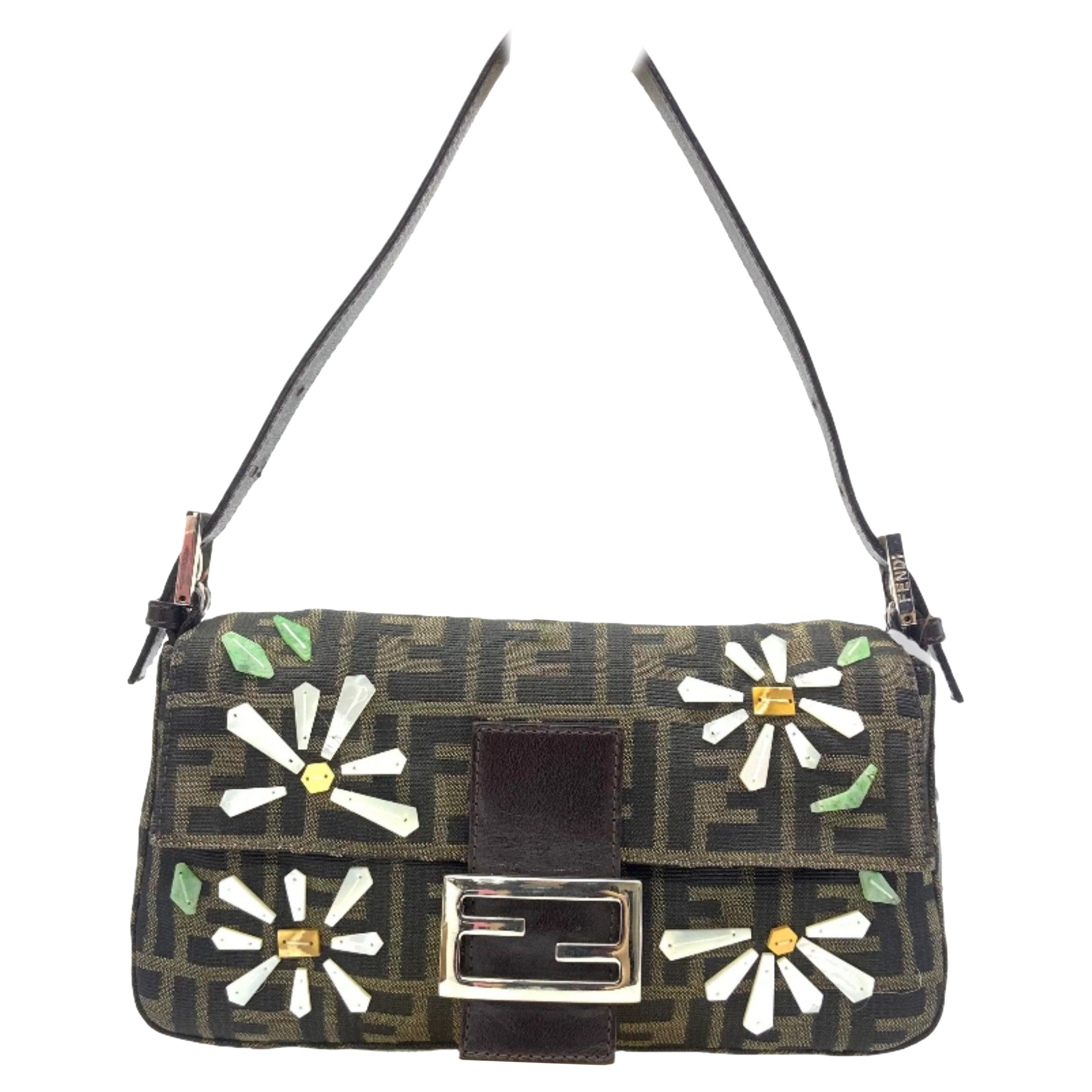 Fendi Baguette Zucca Monogram with Shell Floral Embroidery For Sale