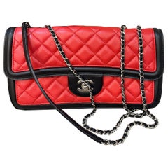 Chanel Baguette Flap Shoulder Bag Lambskin Red and Black Silver Double Chain