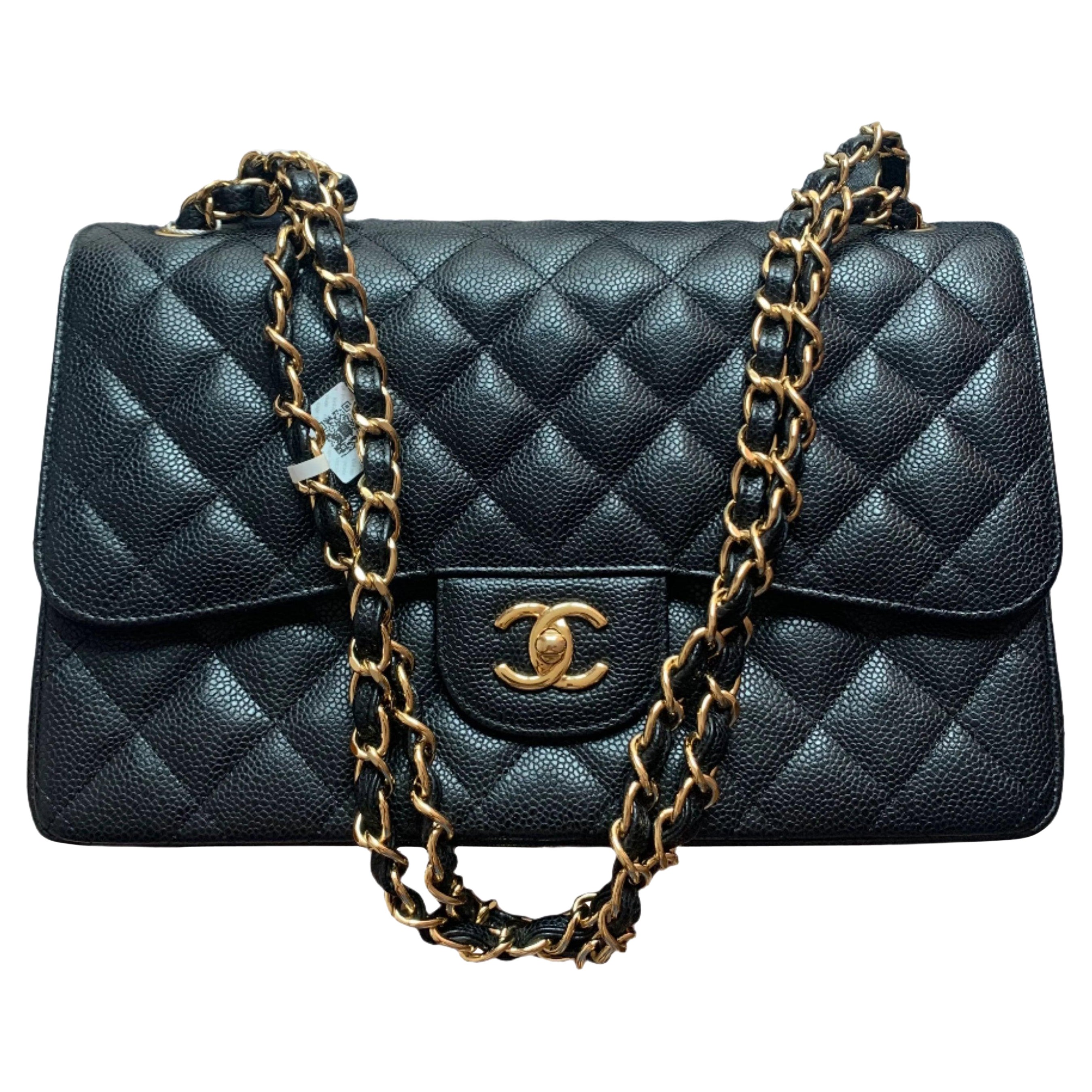 Chanel Classic Flap Jumbo Caviar Leather Double Flap W Gold Hardware 
