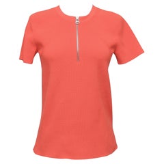 HELMUT LANG Top Orange Short Sleeve Sweater Knit Henley Silver Zipper Sz L