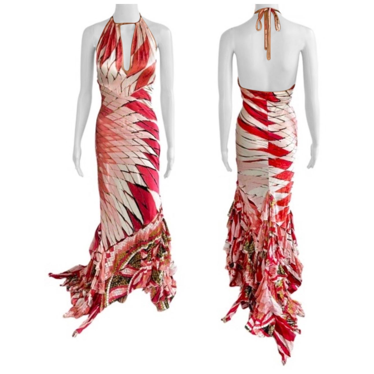 Roberto Cavalli S/S 2004 Plunging Cutout Ruffle Train Silk Evening Dress Gown For Sale