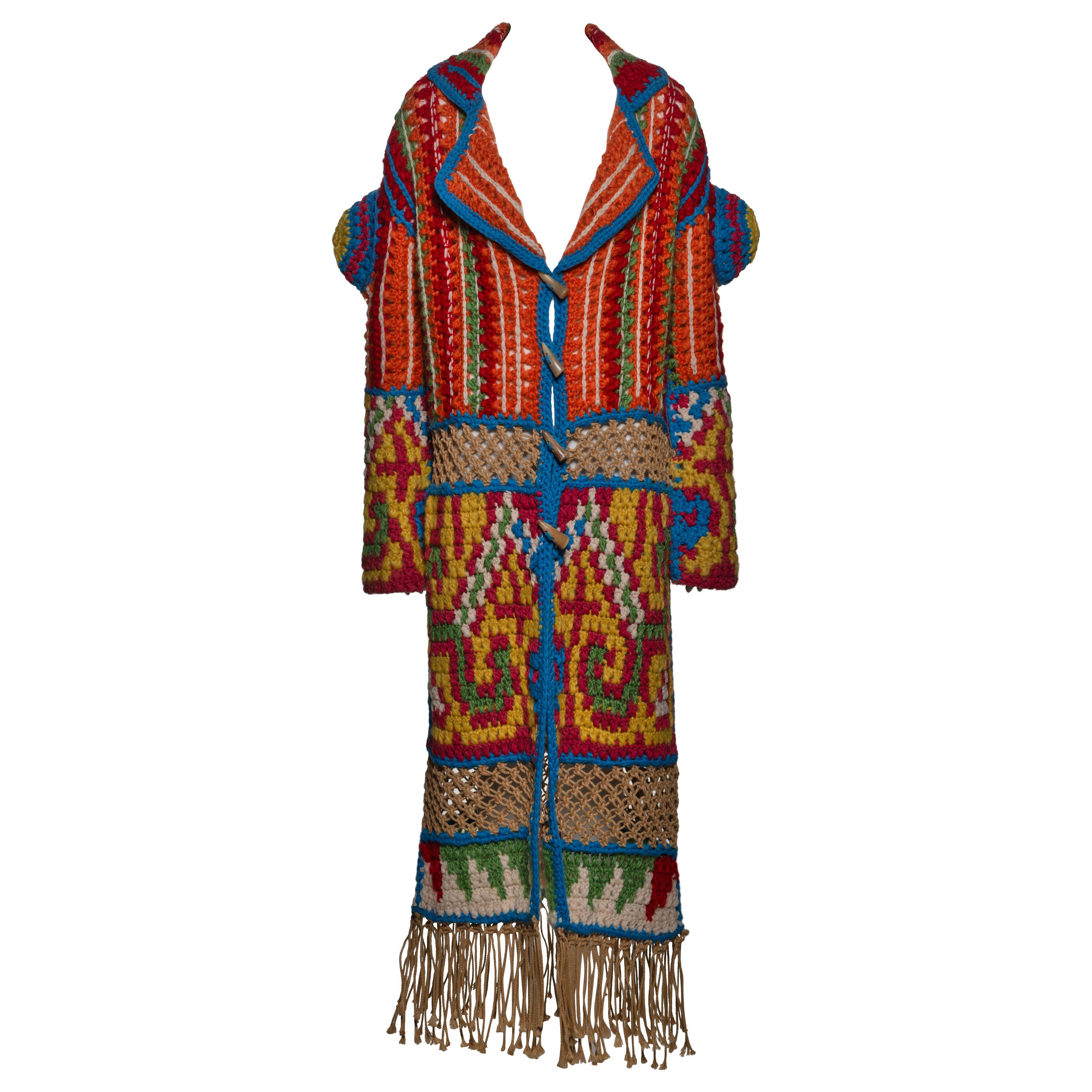 Christian Dior by John Galliano Vibrant Crochet Coat with Fringe, FW 2002 For Sale