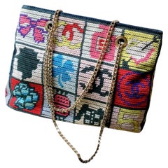 Rare Chanel Precious Symbols Needlepoint Shoulder Bag Shopper Tote